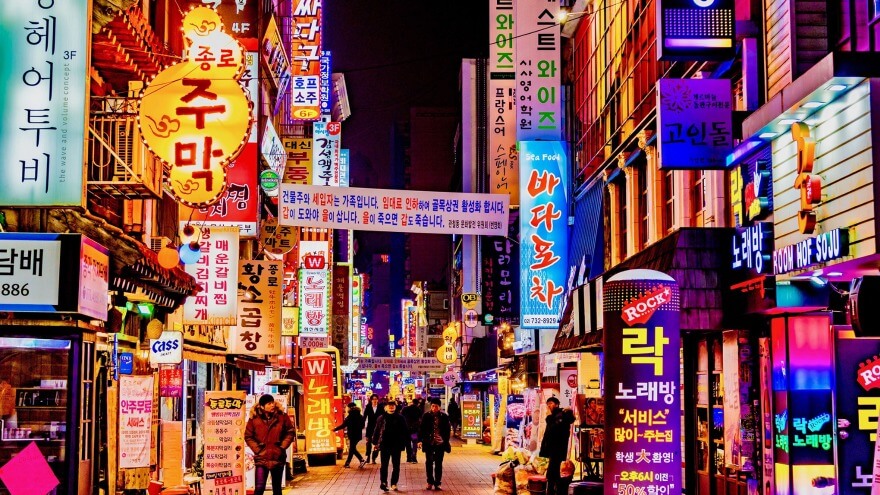 An alley at night in Seoul, South Korea
