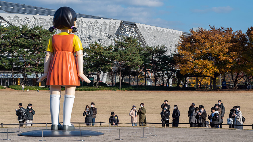 Netflix Squid Game popular doll in Olympic park, Seoul, Korea